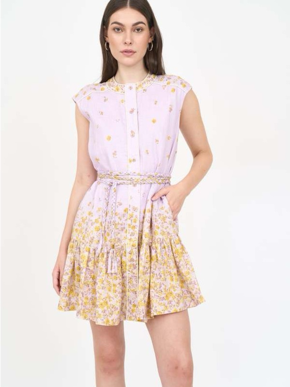 Lilac and Yellow Floral Cap-Sleeve Mini Dress